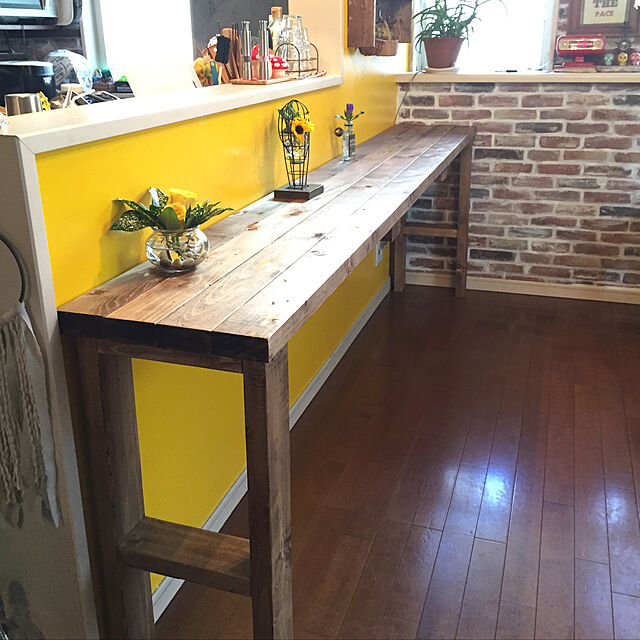 Kitchen,黄色い壁,キッチンカウンターDIY,DIY,2×4材,お花のある暮らし bowbowcoの部屋