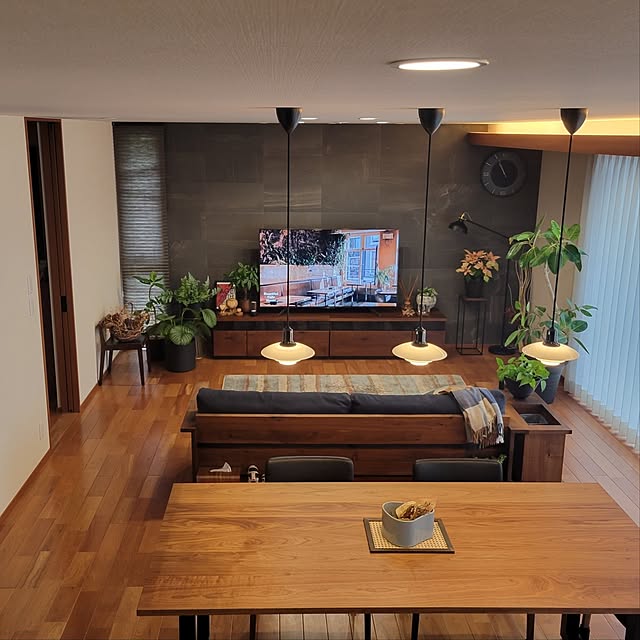 お部屋を広く見せる工夫,Lounge,植物のある暮らし,他にない場所♡,お気に入りに囲まれた生活,長方形リビング,長方形の家具,短い廊下,奥行きを感じたい,ウォールナット家具,デイリー掲載 RSYの部屋