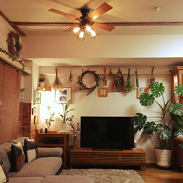 DIY,カフェ風,観葉植物,ドライフラワー,照明,天井,ソファ,Lounge tonchanの部屋
