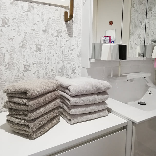 Bathroom,買ってよかったもの,オススメ,タオル,タオル研究所,毎日シンプル,ボリュームリッチ,洗面室,グレー×ホワイト,ムーミンのクロス,柔らかふわふわ,ごちゃ混ぜｲﾝﾃﾘｱの会,すきなものに囲まれた暮らし,暮らしを楽しむ,インテリアを楽しむ,抜け感をつくる fumitanの部屋