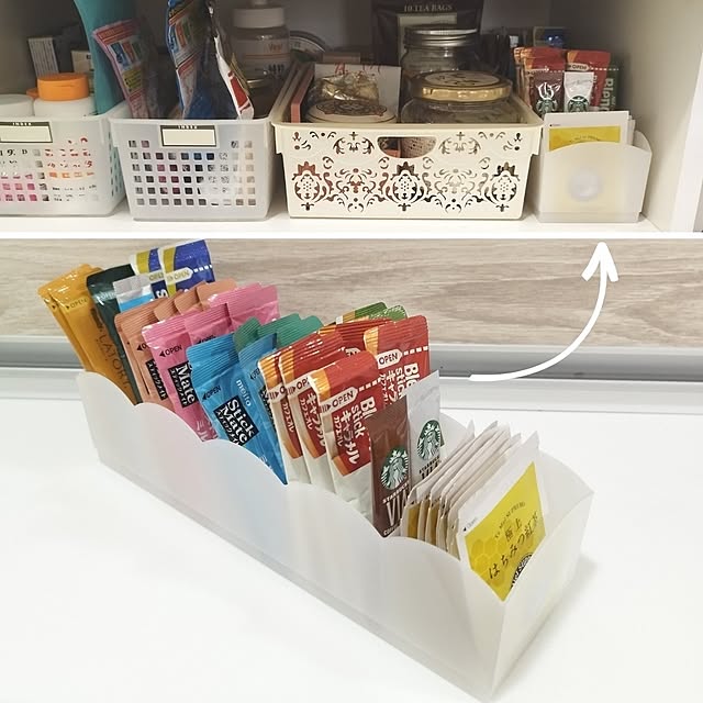Kitchen,感謝です♡,いいね！押し逃げばかりでごめんなさい。,コメントお気遣いなく♡,セリア,スティックコーヒー 収納,ティーバック収納,チャームポケット5,カフェコーナー mo_aliceの部屋