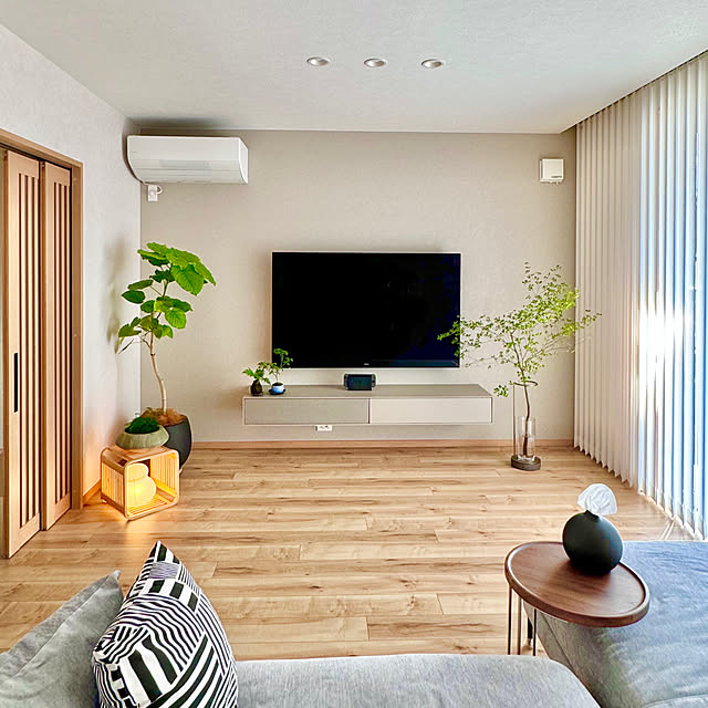 Lounge,ダウンライト,観葉植物のある暮らし,ドウダンツツジ,テレビボード周り,苔玉,フィカスウンベラータ umiohouseの部屋