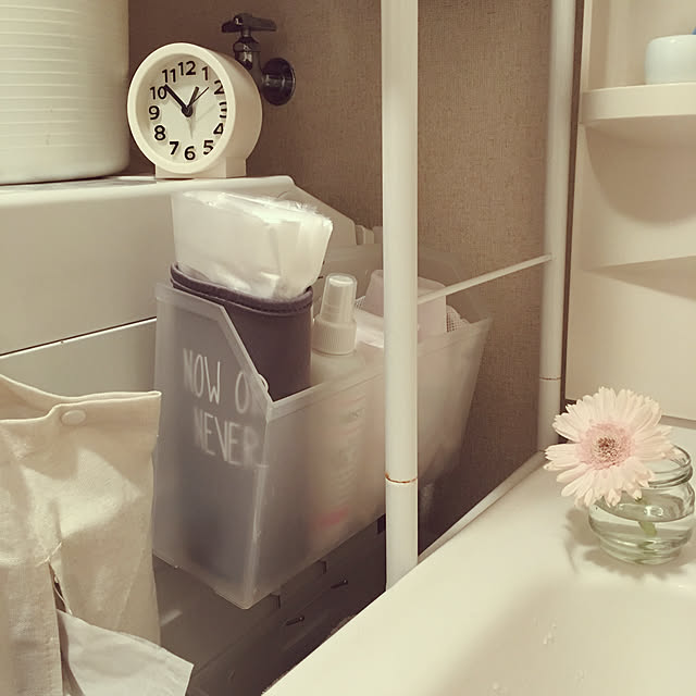 Bathroom,洗面台周り,花が好き,カゴ,かご,洗濯ネット入れ,時計,100均雑貨,ダイソー,セリア,書類ケース,洗濯機横のスペース,ペットボトルホルダー,洗面所 収納,賃貸,水回り,ランドリールーム,隙間収納,すきま,脱衣所 脱衣場,2LDK,オムツ用ゴミ袋,おむつ消臭ミスト,ビニール袋入れ,こどもと暮らす,ファイルボックス maiikiの部屋