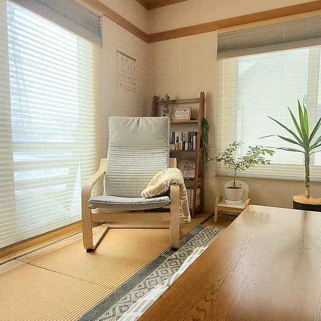 Bedroom,和室,和室のインテリア,北欧インテリア,mixインテリア,IKEA,パーソナルチェア,ポエング,フィンレイソン,ブランケット,本棚,読書スペース,プリーツスクリーン,観葉植物,グリーンのある暮らし,ユッカ,ベンジャミン Lilyの部屋