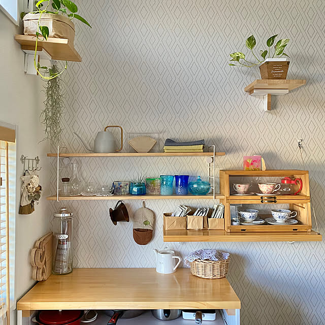 My Shelf,DIY,ワイヤーシェルフ,ウォールシェルフ,犬のピィちゃん,ビフォーアフター,ブルー,hiroちゃんの作品,Mahoちゃんのキャンドル,観葉植物,ガラス,ポトス,グリーンのある暮らし,紙袋で鉢カバー,植物のある暮らし,エアープランツ,キッチンからの眺め,mag掲載ありがとうございます♡,2023.11.26 tanboの部屋
