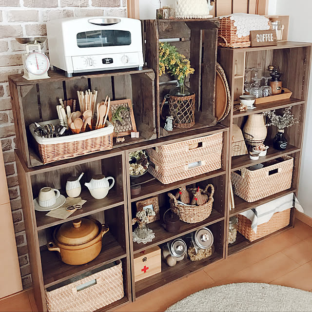 ニトリ2019Nクリックモニター,Nクリック,ニトリ,花のある生活,カフェコーナー,カゴ,模様替えしました,ドライフラワーのある暮らし,花のある暮らし,アラジントースター,板壁にしたい,トースター,アンティーク風,insta→marorin0128,ミモザ,My Shelf marorinの部屋
