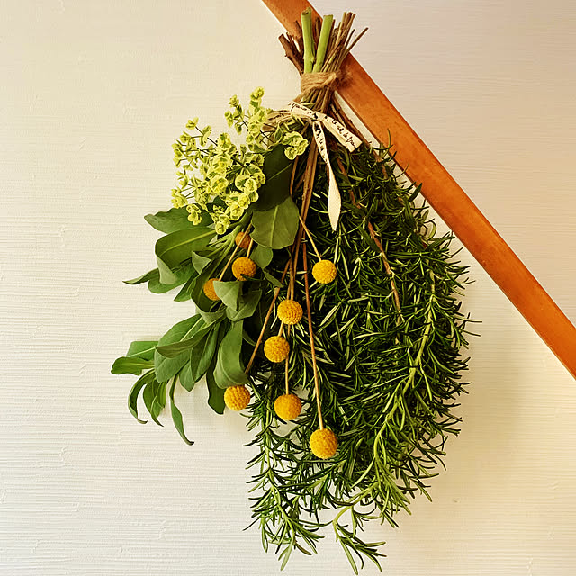 Entrance,ナチュラル,庭の花を飾る,植物のある暮らし,爽やか,玄関飾り,ユーフォルビア フロステッドフレーム,クラスペディア,ホワイトセージ,ローズマリー,スワッグ,ディスプレイコーナー,ディスプレイ,春 AINIの部屋