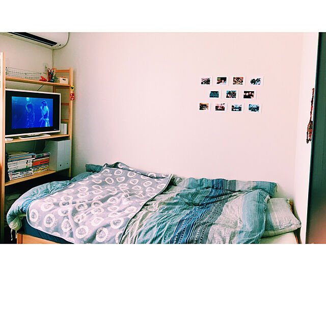 Bedroom,一人暮らし,1R,無印良品,パイン材ユニットシェルフ,ベッド,ニトリ macoの部屋