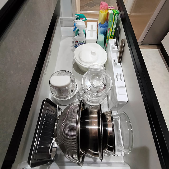 Kitchen,シンク下収納,オフェリア,オフェリア収納,タカラスタンダード,ニトリ,セリア,セリア収納,ボウル収納,フードプロセッサー置き場,ラップ収納,伸縮ざるボウルフライパンスタンド,ニトリ収納,キッチン収納 asukaの部屋