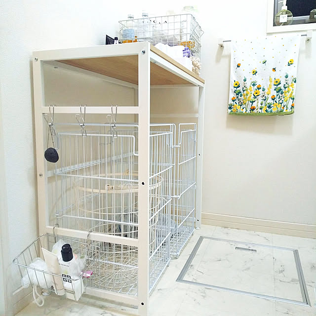 Bathroom,ホワイトインテリア,収納,洗濯機周り,ランドリーバスケット,脱衣所,洗面所,脱衣洗面所,ランドリールーム,脱衣所周り,かご収納,ワイヤーバスケット,洗濯物入れ,洗濯かご,洗濯かご 置き場所,バスルーム周り,洗濯カゴ,ランドリーかご,脱衣スペース rikkyの部屋