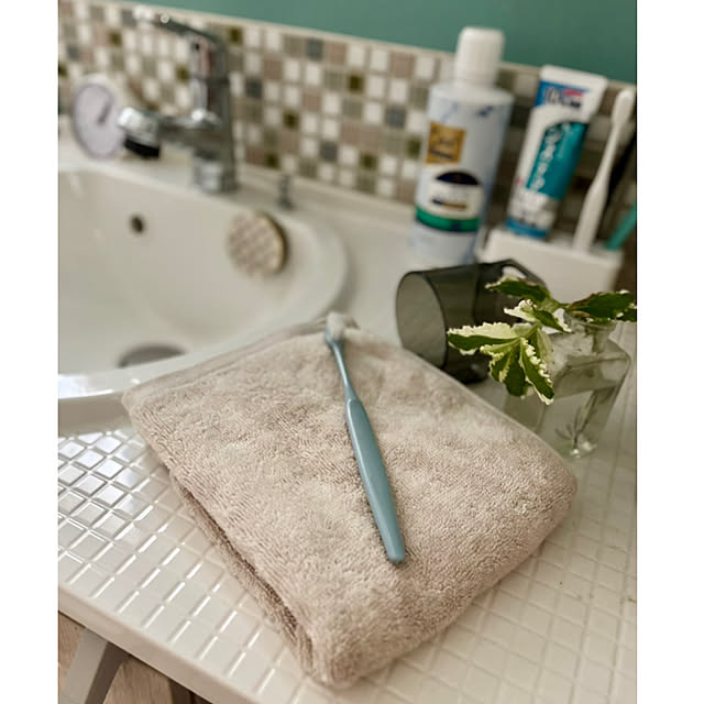 Bathroom,モニター投稿,グレージュ,洗面台,タオル,夏,RCの出会いに感謝♡,見てくれてありがとう♡,ホームコーディ,ホームコーディのある暮らし,イオン ホームコーディ,美濃焼タイルシール CoCo0617の部屋