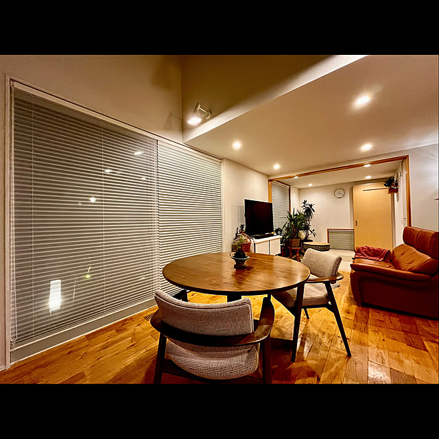 Lounge,調光調色ダウンライト,調光ダウンライト,調光調色,ダウンライト,プリーツスクリーン,珪藻土の壁,珪藻土壁,ニチベイ,プリーツスクリーン ツイン,珪藻土と無垢の床,円卓 ダイニング,ニチベイ もなみ,プリーツスクリーン もなみ,ニチベイプリーツスクリーン,丸テーブルがある暮らし,丸テーブルのある暮らし,丸テーブルダイニング,円卓ダイニング tamabaka1971の部屋