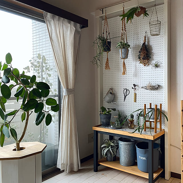 リネンカーテン,ラブリコアイアン,有孔ボード,窓辺のインテリア,賃貸DIY,観葉植物,植物のある暮らし,ブログやってます,棚DIY,タイルDIY,オープンラックDIY,Lounge chocoriの部屋