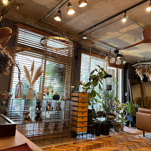 Lounge,窓辺のインテリア,雑貨,無垢フローリング,コンクリート打ちっ放し,ヘリンボーン,インダストリアルインテリア,躯体現し,照明器具 puffloveの部屋