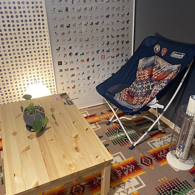 AKARI,VITRA ポスター,無印良品パイン材ローテーブル,アウトドア,ペンドルトン,観葉植物,Overview shinの部屋