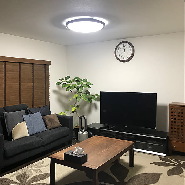 Lounge,ダイソン扇風機,無垢の家具,無垢の床,ブラウン,観葉植物,LED照明,座卓,クッション,ラグ,ゴムの木,ルルドクッション,ウッドブラインド,ブラウンインテリア イベント参加,ウォールナット無垢材,ウォールナット,築30年超 cloverの部屋