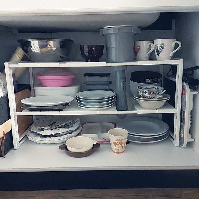 My Shelf,食器収納,ニトリ,シンク下伸縮ラック,食器,2LDK賃貸マンション,賃貸,こどものいる暮らし,ホワイトインテリア Chi-chanmamaの部屋