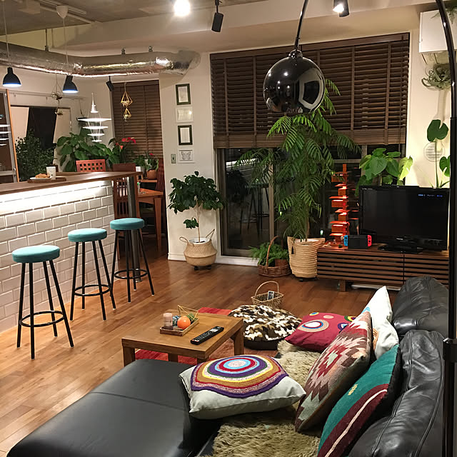 Overview,木製ブラインド,カフェ風インテリア,NO GREEN NO LIFE,クッション,マスターウォール,ミックススタイル,配管むき出し,サブウェイタイル,モーダエンカーサ,カラフル,ルイスポールセン,コンクリートむき出し,スポットライト,カウンター,タリアセン kan2の部屋