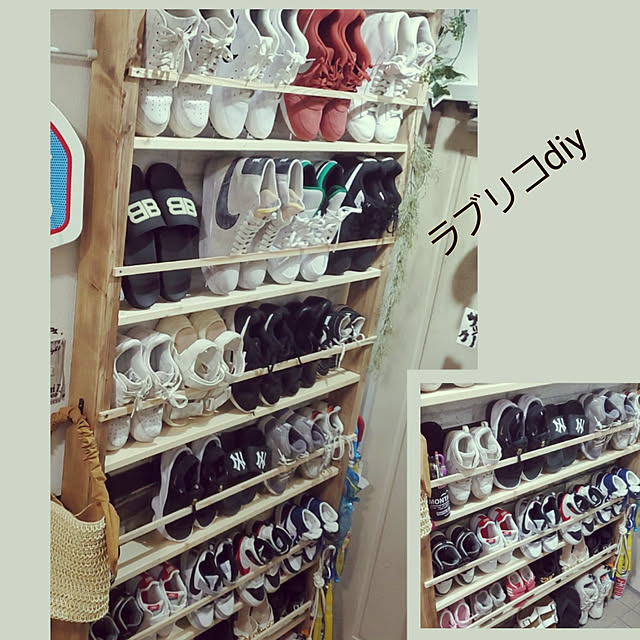 ハンドメイド,ラブリコ,2×4材,1×4材,シューズラックDIY,たてる収納,魅せる収納,靴箱DIY,ディスプレイ収納,使いやすくスッキリと！,使いやすく綺麗にっ！,ワックス,いつもいいねやコメありがとうございます♡,RoomClipの出逢いに感謝♡,イベント参加,見てくれてありがとうございます♡,見ていただいてありがとうございます♡,NIKE スニーカー,バレンシアアガサンダル,ナイキエアマックスサンダル,NIKE AIR FORCE 1,NIKE大好き cocoaの部屋