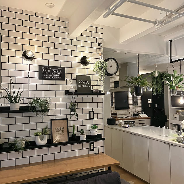 アイランドキッチン,マスキングテープ　壁,モノトーンインテリア,観葉植物のある暮らし,DIY,グリーンのある生活,ウォールディスプレイ,カフェ風インテリア,mtマスキングテープ,グリーンのある暮らし,ハンギンググリーン,IKEA 照明,IKEA,ウォールライト,Overview,IKEA 雑貨 kobami_styleの部屋