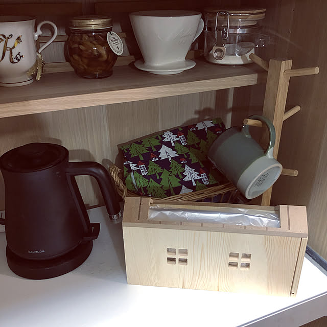 ビニール袋収納,ナチュラルキッチン,雑貨大好き♡,ナチュラル,木製,ディスプレイ,カフェ風,カフェコーナー,バルミューダ,IKEA,飾り棚,キッチン棚,収納ボックス,My Shelf kinakoの部屋