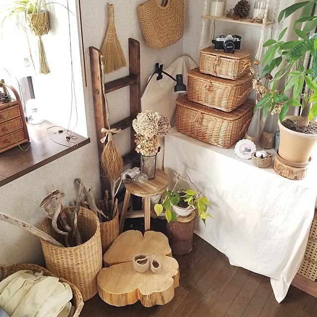 Overview,素材,観葉植物のある暮らし,麻紐のかご,切り株,木がすき,かごが好き,流木,二段ベッドのはしごリメイク,ほうき草,イベント参加,改装中の元子供部屋,マクラメ壁掛けシェルフ,布が好き midoriの部屋
