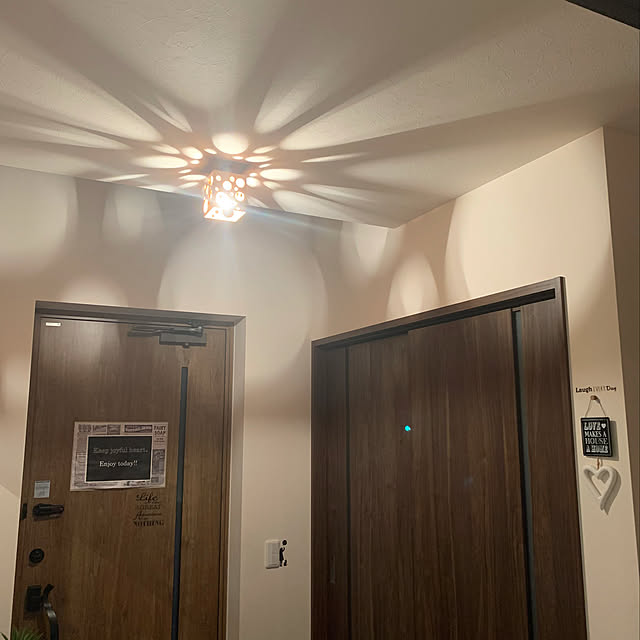 ウォールナット色,パナソニック建具,吹抜け玄関,ほっとする明かり,光と影,LEDだとこうならない,わが家の明かり,Instagram→dct.tama,Entrance,シーリングライト,バードケージランプ ikt.tamaの部屋