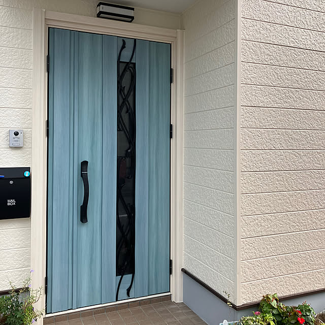 Entrance,Y K K AＰ,ランマ無し親子ドア,ドアリモ玄関ドアD 30断熱ドア,鍵穴内蔵,網戸付き,洋風カーブハンドル,ポケットキー,スマートコントロールキー,アイスブルーノーチェ,十人十家 AZUBAの部屋
