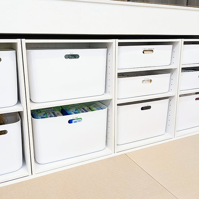 平屋,平屋建て,ストック収納,消耗品ストック,平屋暮らし,ニトリ収納,カラーボックス,カラーボックス収納,ベビー用品収納,ベビー収納,ベビー用品,ソフトNインボックス,ニトリソフトNインボックス,ホワイト収納,和室収納,和室,吊り押入れ下収納,ベビースペース 0910house.の部屋