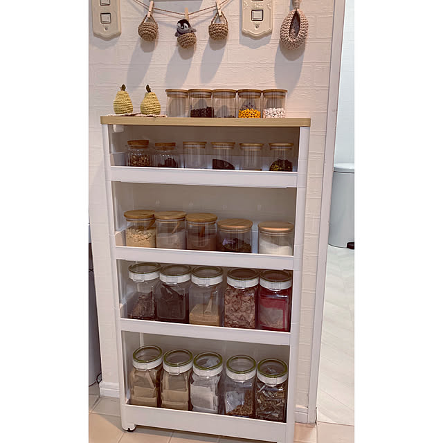 サプリメント収納,調味料収納,フレッシュロック,竹蓋付きガラス瓶,ガラス瓶,100均,ダイソー,オンラインのみの販売,木目天板付きワゴン,キッチンワゴン,家事時短,My Shelf,ニトリネット,麦茶収納 akezouの部屋