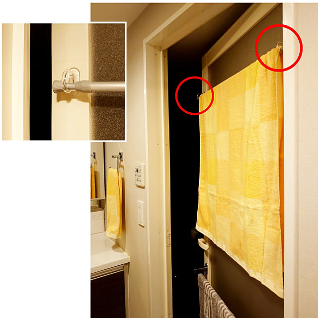 Bathroom,フック,RCの出会いに感謝♡,イベント参加,RCの皆さまに感謝♡,なにげない日常に感謝して,セリア,フィルムフック,フィルムリングフック,突っ張り棒,バスタオル掛け,go-chanさんに感謝❤ ToReTaRiの部屋