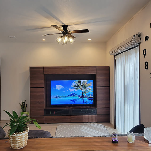 テレビまわり,こどものいる暮らし,シーリングファンライト,観葉植物,白い床,Bluetoothスピーカー,アロマランプ,シェードカーテン,パモウナ　テレビボード,Lounge 10m0の部屋