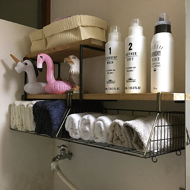 Bathroom,洗面所収納棚,ダイソー,タオル収納,風呂場,カインズ,見せる収納に憧れる,いいね&フォローありがとうございます☆,洗面所,Instagram→kenko1126,☆コンクリートジャングル化計画☆,DIY,IKEA,漆喰,漆喰倶楽部,ベジタウォール,DULTON onokenkoの部屋