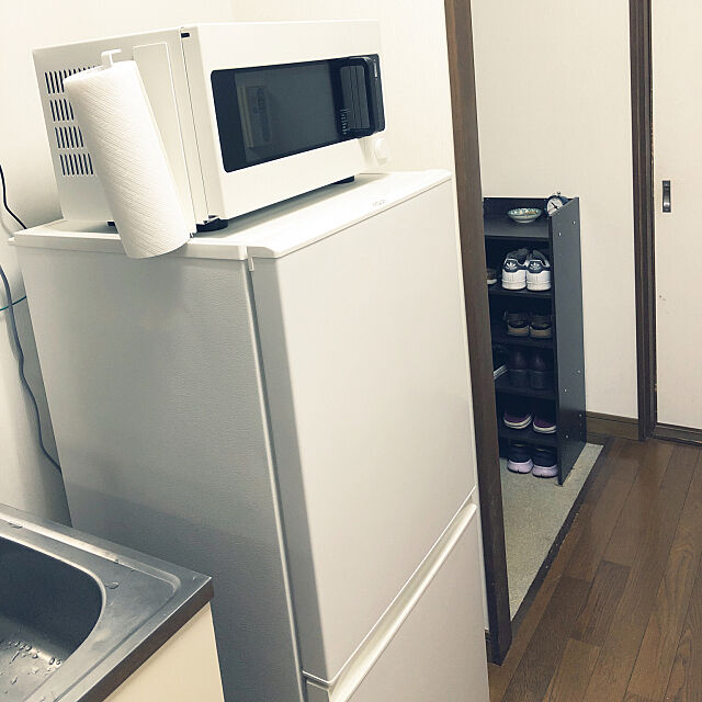 Kitchen,一人暮らし 賃貸,無印電子レンジ,AQUA冷蔵庫 teraの部屋