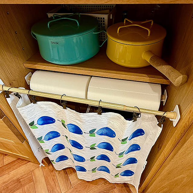 Kitchen,ティータオルをカーテンに,ティータオル,ダンスクのホーロー鍋,ダンスク鍋,ダンスク,つっぱり棒,突っ張り棒で収納,突っ張り棒にぶら下げただけ,イベント参加,北欧,北欧インテリア,北欧風,北欧テイスト maric323の部屋