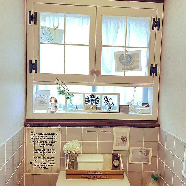 Bathroom,雑貨,DIY,カフェ風,観葉植物,ナチュラル,窓枠手作り♪,開閉出来る窓枠,セリア,アフタヌーンティー,空き瓶リメイク,どらいふらわー♡,フェイクグリーン,100均,サリュ,みどりのある暮らし anaの部屋