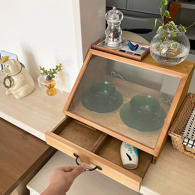 Kitchen,ガラス好き,ショーケースDIY,ショーケース風,DIY,建売をオシャレにしたい,ダイソー,ダイソーリメイク,IKEA,タイル,ナチュラルインテリア rinonori3の部屋