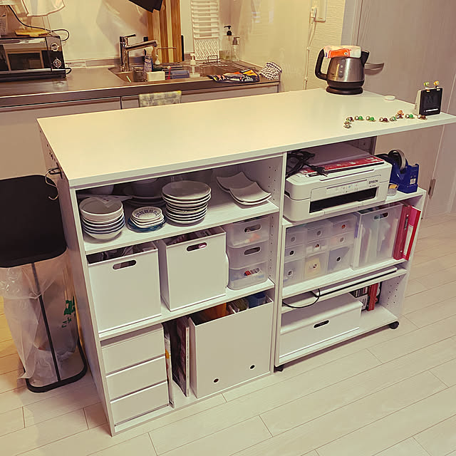 炊飯器置き場,電子レンジ収納,キッチン収納,キッチンカウンター,島忠ホームズ,食器収納,お家大好き♪,パソコン置き場,カラボリメイクカウンター,プリンター,カラボリメイク,リフォーム記録,収納DIY,文具収納,100均,ニトリ,Kitchen BONI-TAの部屋