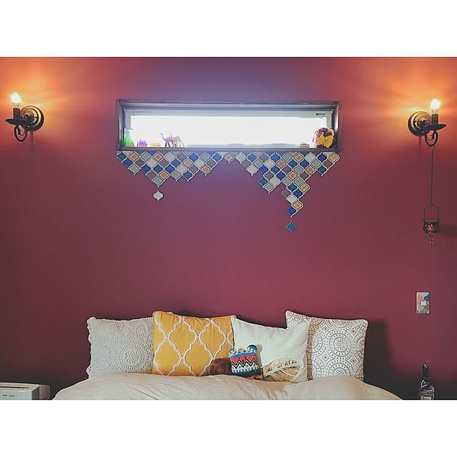 Bedroom,ニトリ,D.I.Y-TILE,ランタンタイル,ウィリアムモリス,ニトリのクッションカバー,モロッコ,BOHO,Boho Style,ミックスインテリア,シンプル,アクセントクロス,小さなお家,DIY-tile,しただけ Reiyaの部屋