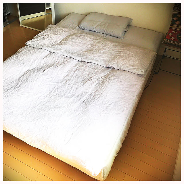 Bedroom,グレー好き,グレーインテリア,脚付きマットレス,IKEA,リネンシーツ,シーツ,無印良品週間,無印良品,シンプル,寝室,ベッドルーム,ベッド milkyの部屋