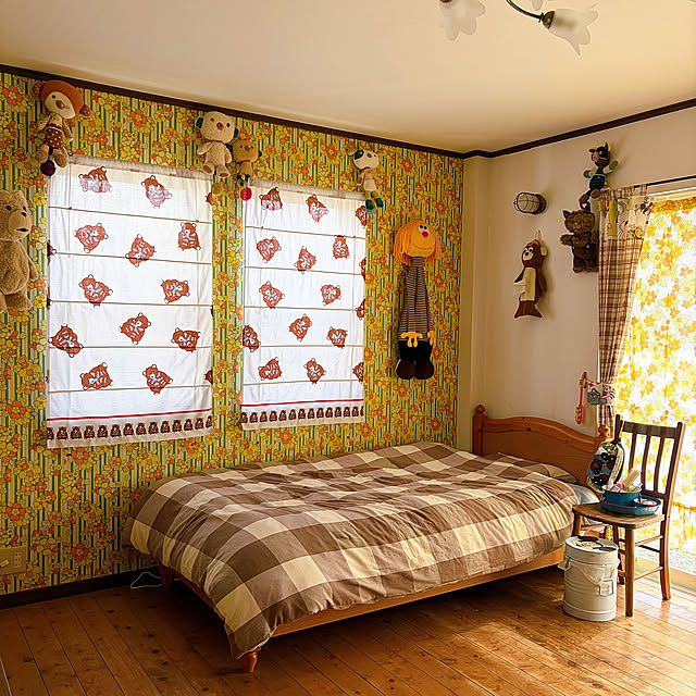 Bedroom,ニトリの布団カバー,秋色インテリア,レトロ,ヴィンテージ,カーテン手作り,母介護 meの部屋