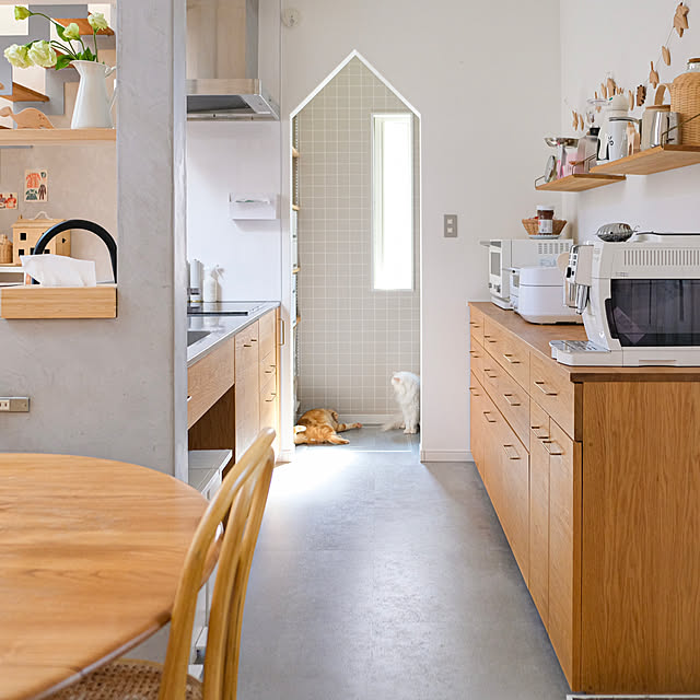 Kitchen,デロンギエスプレッソマシン,自然素材の家,モールテックスキッチン,モールテックス,飾り棚,キッチン収納,キッチンインテリア,木のキッチン,オーク材,オーダーキッチン,造作キッチン,ラウンドテーブル,アーコールテーブル,垂れ壁,パントリー,猫と暮らす,猫のいる暮らし,わが家のキッチン,自然素材,小さな家,こどもと暮らす,マイホーム記録,こどものいる暮らし shiiiの部屋