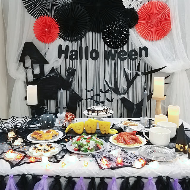 Lounge,ハロウィン,ハロウィン,ハロウィンディスプレイ,ハロウィン料理,百均,ダイソー,セリア,ペーパーファン,IKEA,レースカーテン,ハンドメイド,ニトリ,ハロウィーン Riiの部屋