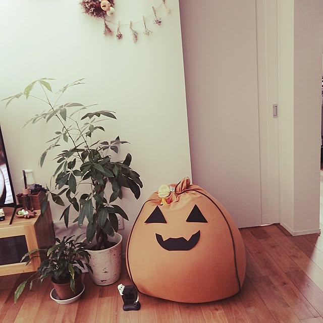 Lounge,カフェ風,ハロウィン,新生活,カフェ風インテリア,平屋暮らし,白い家,イベント参加♡,住み始めて1年,新築平屋,花ブロック好き,ハロウィン♡,ヨギボー,今年もヨギボーカボチャさん参加 kkkの部屋