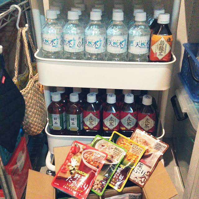 Kitchen,防災,ローリングストック,ペットボトル,野菜たっぷりスープ,カゴメ,熱中症対策,保存食,IKEA,IKEAワゴン,ペットボトル収納 futukoの部屋