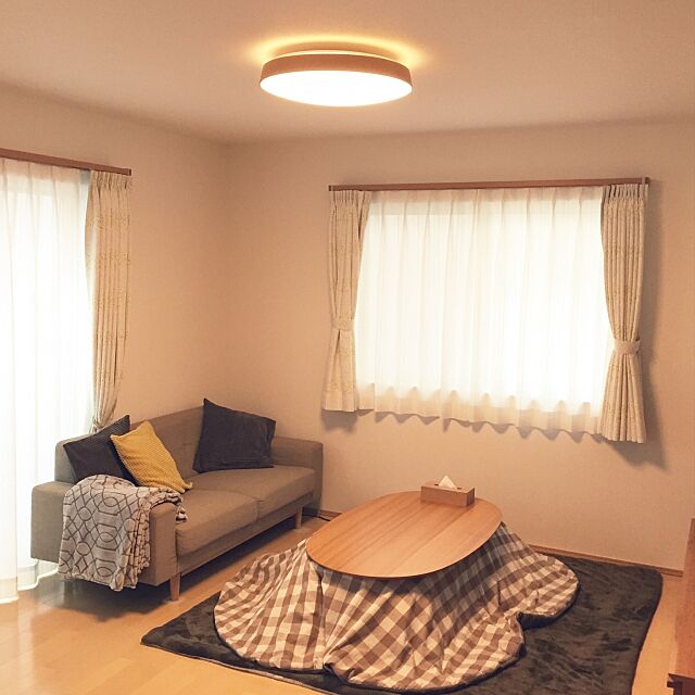 Lounge,無印良品,楕円こたつ,こたつテーブル,LED木製シーリングライト fumiの部屋