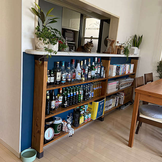 My Shelf,ウォールステッカー,造作棚,観葉植物,コーヒーミル,アクセントクロス,DIY,ダイニングテーブル,タイル,キッチンカウンター,HARIO,カウンター下収納,お酒大好き♡,ねこのいる日常,ねこと暮らす gachaの部屋