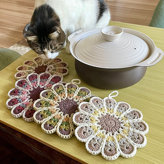 かぎ針編み,編み物,手編み,ハンドメイド,デイジーマット,2024.11.6,キッチンツール,マンション暮らし,ホームコーディ,ホームコーディのある暮らし,イオン ホームコーディ,夫婦+猫1匹,保護猫,猫と暮らすインテリア,ごいし,Kitchen,鍋敷き hemukoの部屋