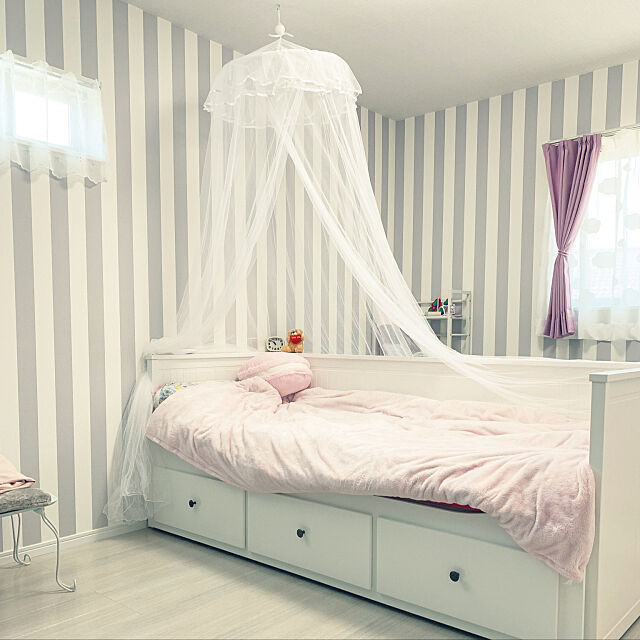 IKEA,ピンク,グレー,ストライプ,天蓋,女の子の部屋,娘部屋,ニトリ,Bedroom sirotanの部屋