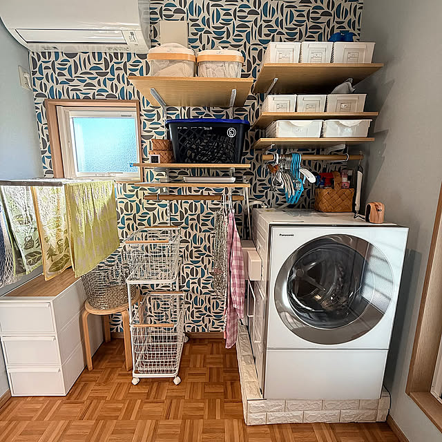 Bathroom,洗濯機,キューブル,キューブル 洗濯機,脱衣所兼ランドリールーム,脱衣所可動棚,脱衣所 棚,脱衣所,アクセントクロス,収納ケース,収納棚,収納DIY,収納ボックス,収納アイデア,収納,100均のかご,ガチャ棚DIY,ガチャ棚,洗濯機まわりの収納,北欧,北欧インテリア,北欧風,イベント参加,IKEA maric323の部屋